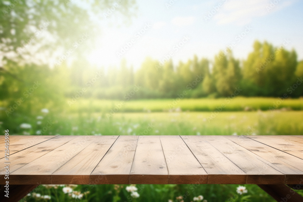 Wooden table spring nature bokeh background, empty wood desk product display mockup with green park sunny blurry abstract garden backdrop landscape ads showcase presentation. Mock up, copy space .