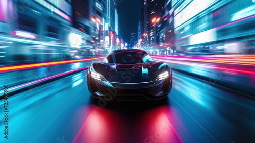 Futuristic car from front, at high speed at night in city with motion blur