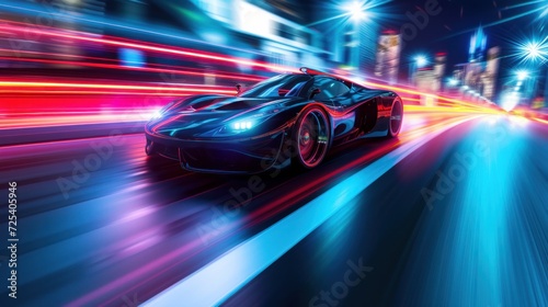 Futuristic car from front, at high speed at night in city with motion blur © Elvin