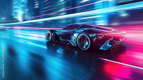 Futuristic car from front, at high speed at night in city with motion blur © Elvin