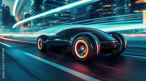 Futuristic car from front  at high speed at night in city with motion blur