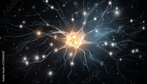A closeup of a neuron firing with energy, smaller neurons ion the back 