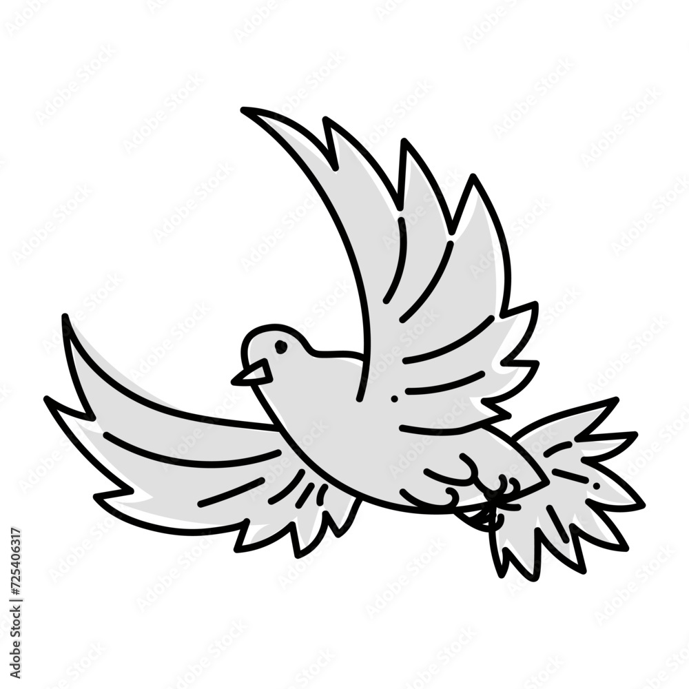 Obraz premium The pigeon flies in the doodle style. Vector isolated Cute little flying bird, side view. Gray black and white contour line, light flat pattern. The motive of freedom, lightness