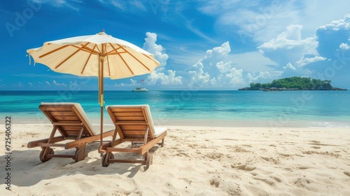 Lounge chairs on the beach. beach chair and umbrella  vacation background