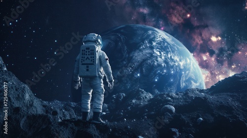 man in space with spacesuit exploring another planet photo