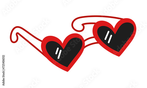 Sunglasses in the shape of doodle hearts in red and black colors. A flat vector contour object for lovers. Valentine's Day, retro object for vision. Insulated badge with red frame and black glass