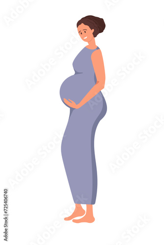 Happy pregnant woman. Cute smiling female character. Waiting for boy or girl. Lady in motherhood. Pregnant woman, future mom hugging belly with arms. Flat vector illustration isolated on white.