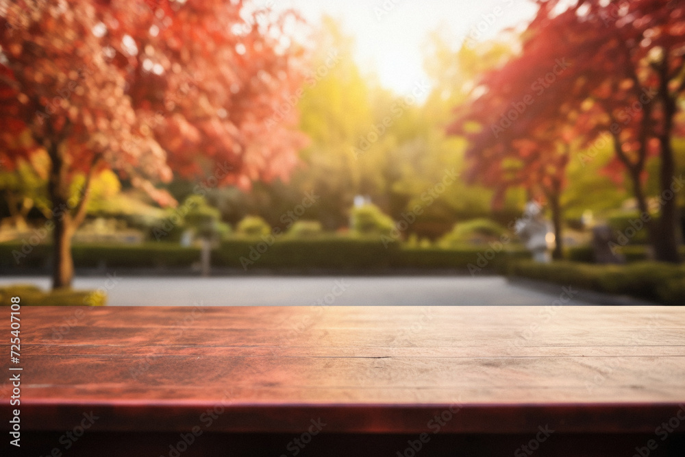 Empty blank wooden table fall background with autumn trees orange yellow color leaves backdrop forest or park nature scene abstract blurred bokeh tabletop for product display desk mockup. Copy space . - obrazy, fototapety, plakaty 