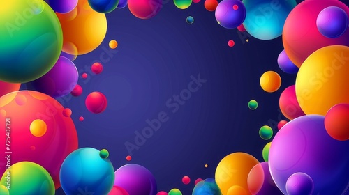 Abstract double border composition with colorful random flying spheres. Colorful rainbow matte soft balls in different sizes. Vector background