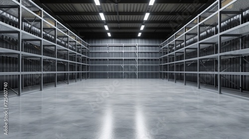 Empty shelving racks in warehouse interior photo