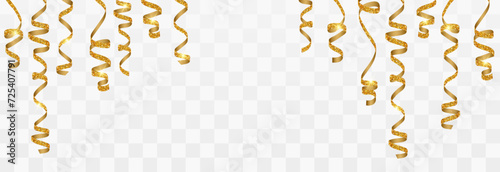 Realistic gold spiral serpentine isolated on png background. Vector luxury serpentine pieces. Set of curly ribbons, festive decor elements for party, birthday, holiday, greeting cards