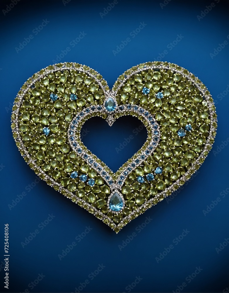 Exquisite heart encrusted with peridot gems and accented by aquamarine stones with a silver filigree outline on a sapphire blue background
