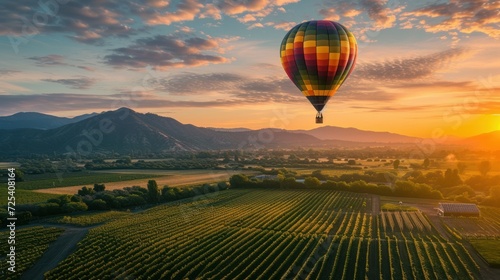 Hot Air Balloon on Majestic Mountains and Lush Vineyards during sunrise