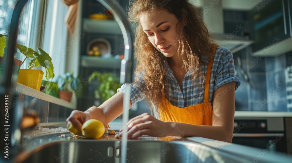A woman facing a sink issue - engaged in housework, she attempts to clear food remains clogged in the kitchen sink drain using a plunger. Illustrating the concept of hands-on housework