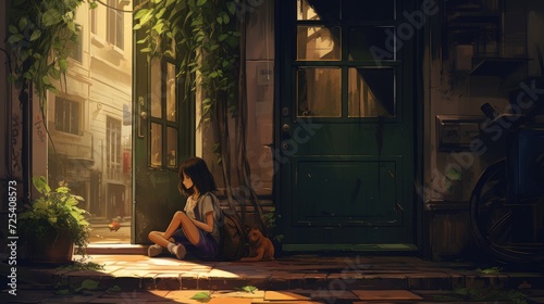girl siting on wood floor plants door street map