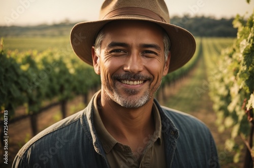 Portrait of a happy man in hat in the summer vineyards at sunset. Concept of travel, harvest in vineyards, vacation, farming. AI generated