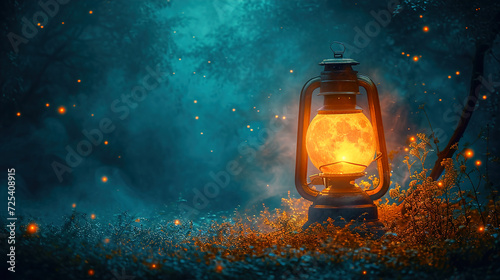 Mystical Moonlit Night accompanied by a Golden Glowing Lantern Background 