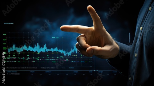 Human hand holding stack of coin and chart business photo