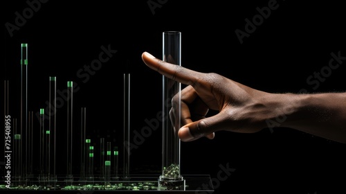 Human hand holding stack of coin and chart business photo