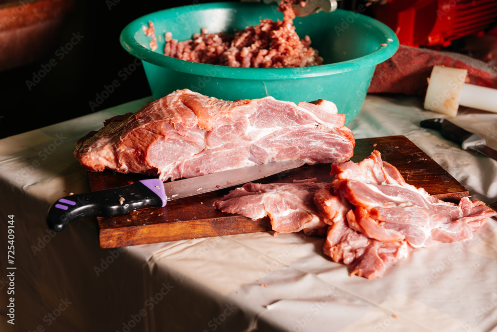 Raw pork meat steak on cutting board
