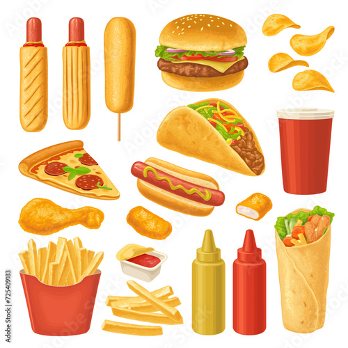 French fry stick potato in paper box. Vector color realistic illustration.
