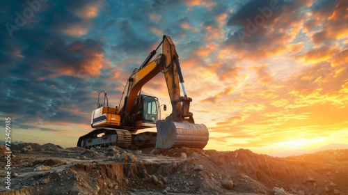 Excavator in construction site on sunset sky background