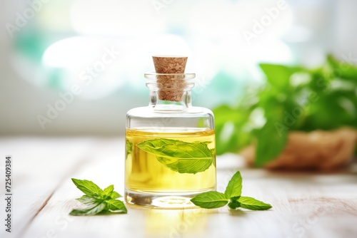 glass container of peppermint oil with fresh mint leaves