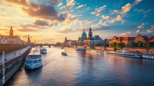  Dresden, Germany. Panoramic over old city historical downtown, Elbe river and party boats with young people celebrating hot summer day at sunset