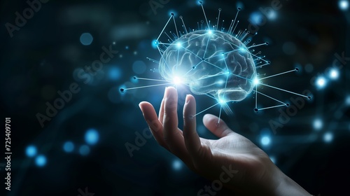 illustration of a hand showing a human brain in a hologram photo