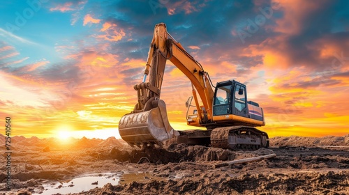 Excavator in construction site on sunset sky background photo