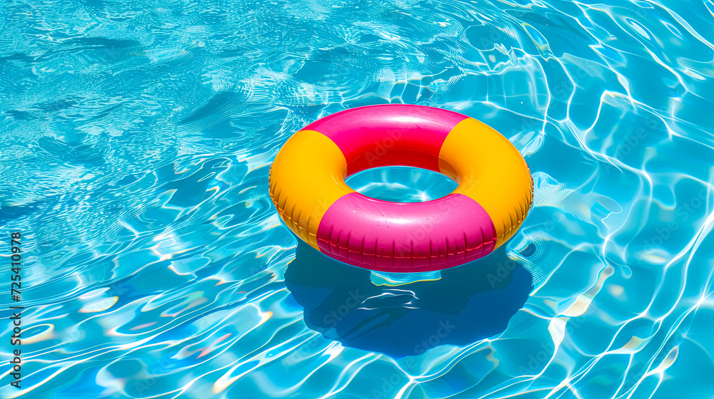 Bright Pink and Yellow Swim Ring Floating in Refreshing Blue Pool Water for Summer Fun