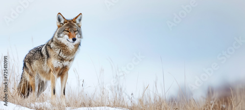 Wild coyotes standing in prairie grass in nature found throughout North America. They're known for their distinctive yipping and howling sounds photo