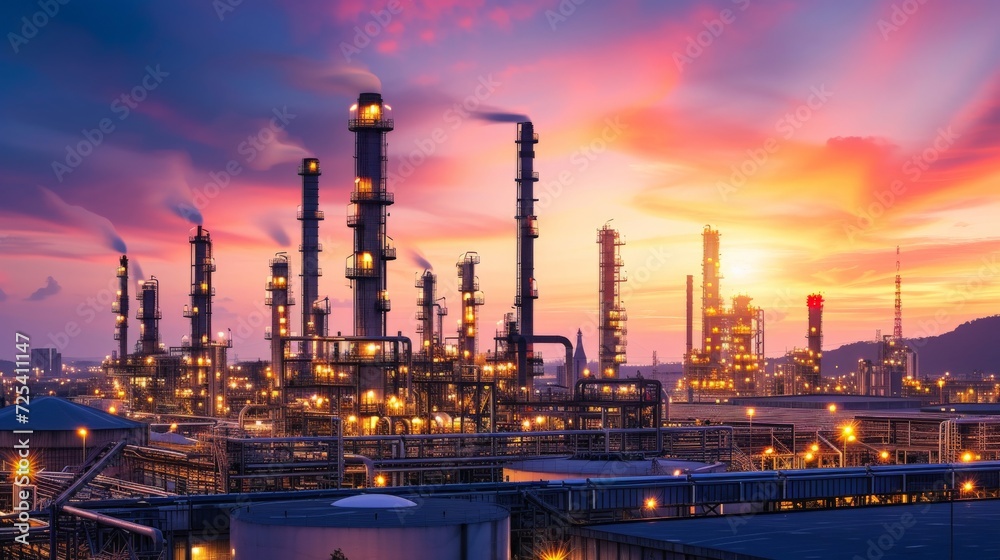 Factory of oil and gas refinery industrial plant with sunrise sky background, petrochemical industry, Smoke stacks of power plant