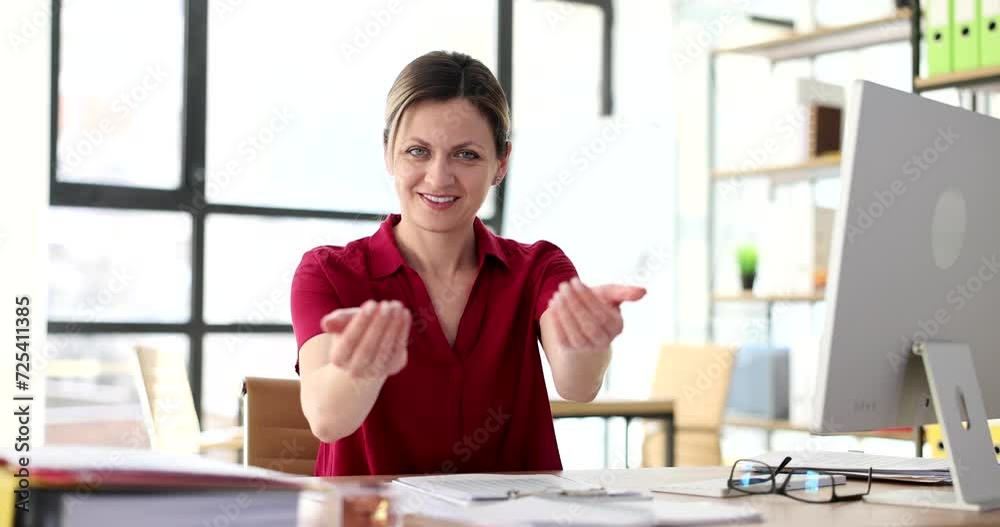 Woman manager working in consulting office beckons with gesture. Seo inviting greet happy and smiling Woman manager working in consulting office beckons with gesture. Seo inviting greet happy and smiling