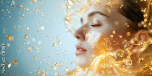 A beautiful woman portrait with gold hydrating serum molecules structure on the face, light background. Skincare and beauty concept. photo