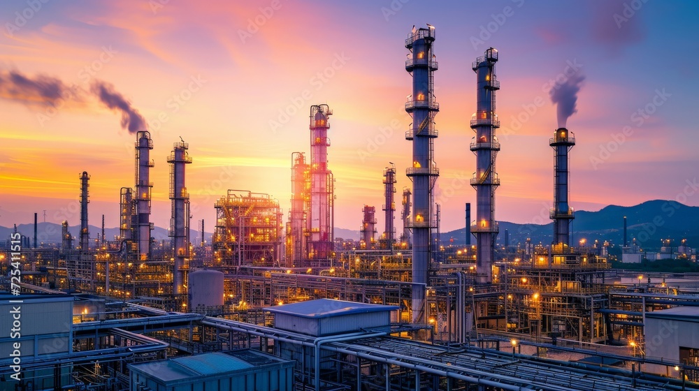 Factory of oil and gas refinery industrial plant with sunrise sky background, petrochemical industry, Smoke stacks of power plant Factory of oil and gas refinery industrial plant with sunrise sky background, petrochemical industry, Smoke stacks of power plant