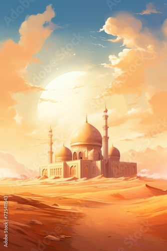 Illustration of a mosque at sunset with a full moon in the background
