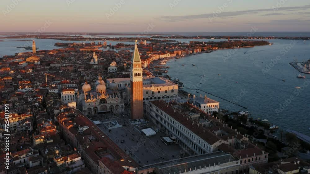 Aerial view of St Mark 's square and old town at sunset, Venice, Italy