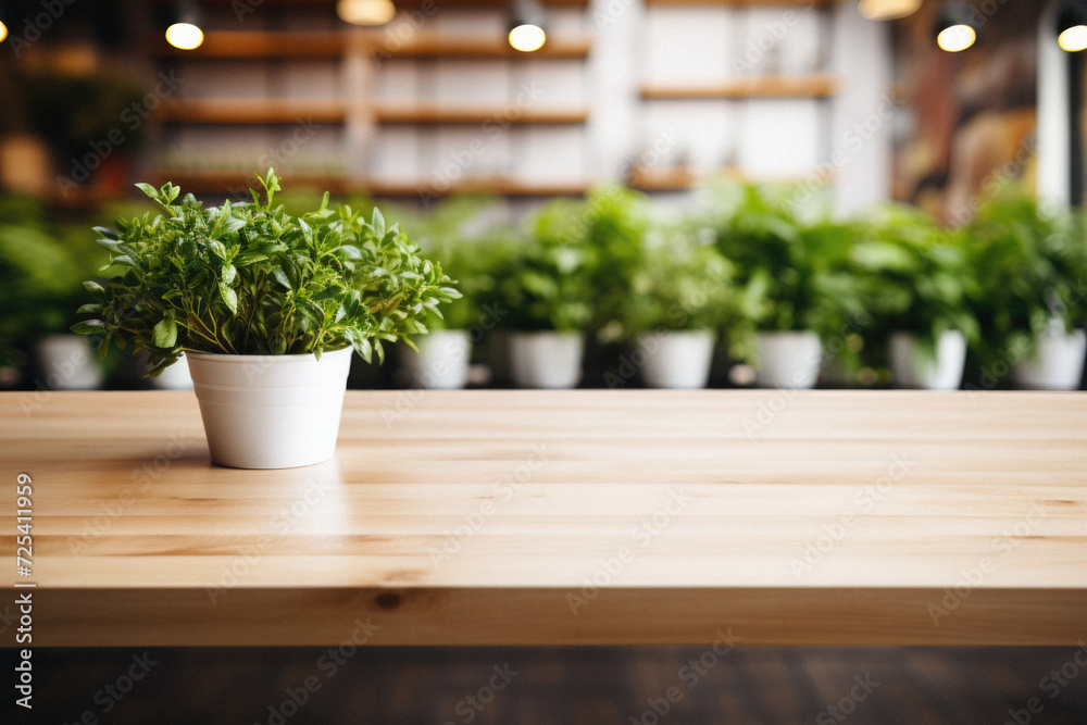 Wooden kitchen home table bokeh background, empty wood desk tabletop food counter surface product display mockup with blurry cafe abstract backdrop advertising presentation. Mock up, copy space .