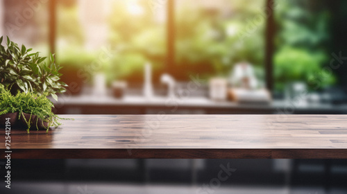 Wooden kitchen home table bokeh background  empty wood desk tabletop food counter surface product display mockup with blurry cafe abstract backdrop advertising presentation. Mock up  copy space .