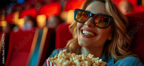 Beautiful woman laughing at a movie in the cinema wearing 3D glasses with a paper bag of popcorn.