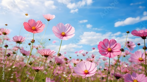 pink cosmos flowers against blue sky
