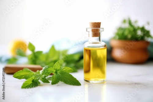 lemon balm essential oil in a bottle with lemon balm leaves in the foreground