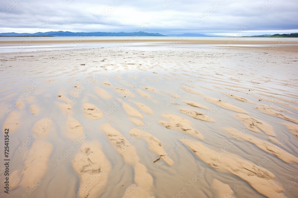 an empty seashore at low tide, with exposed sand ripples