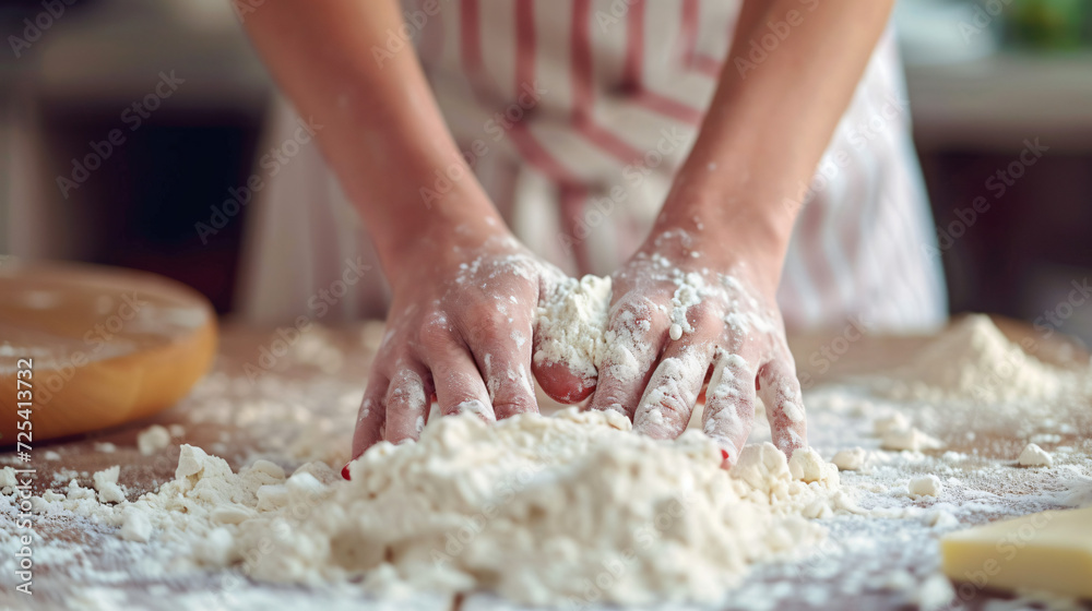 Woman hands kneads dough