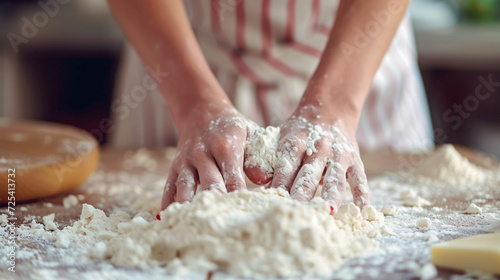 Woman hands kneads dough