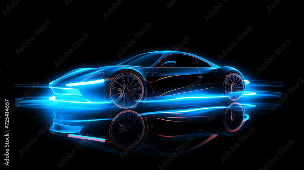 the shape of a car illuminated in neon on a dark background