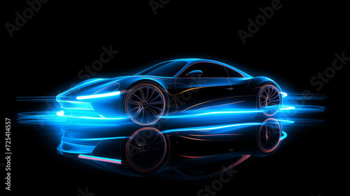 the shape of a car illuminated in neon on a dark background