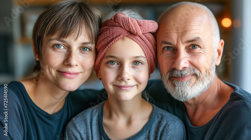 Portrait of smiling girl with headscarf next to her parents. Childhood leukemia concept photo