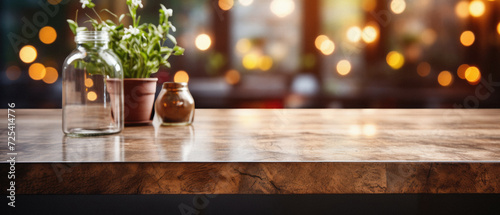 Wooden home table bokeh background  empty wood desk cafe tabletop surface product display mockup with blurry living room or city abstract backdrop advertising presentation. Mock up  copy space .